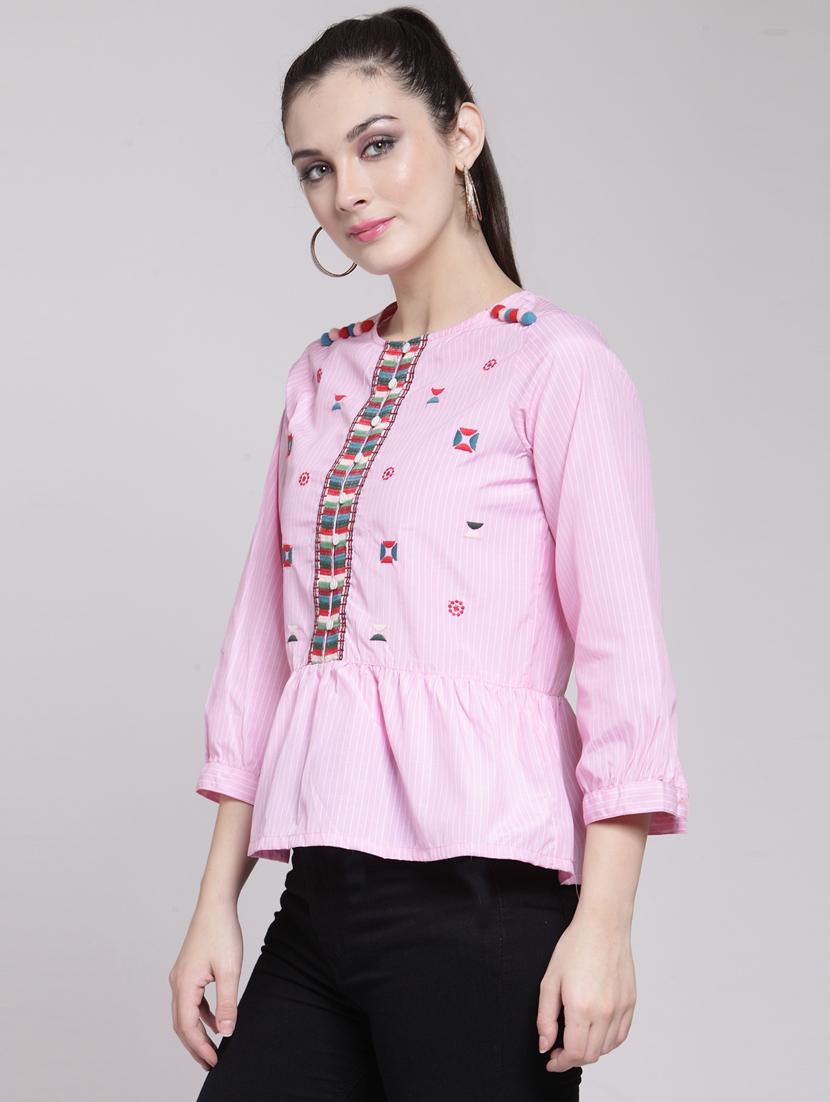 striped embroidered button detail top - 15919134 - Zoom Image - 2