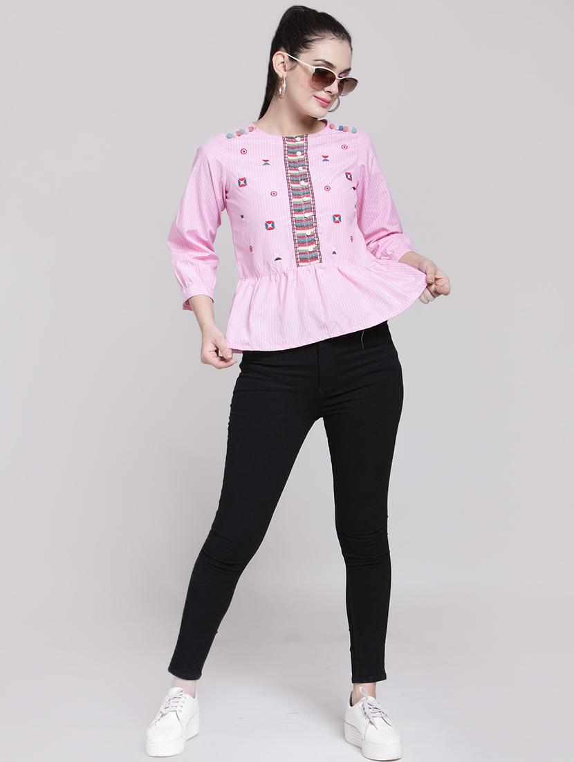 striped embroidered button detail top - 15919134 - Zoom Image - 4