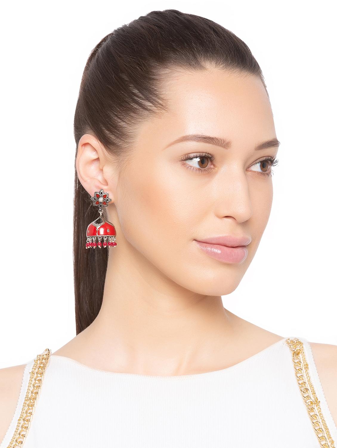 red brass jhumka earring - 15919462 - Zoom Image - 3