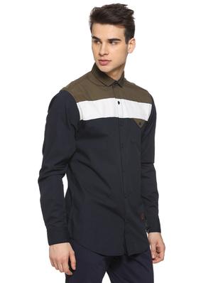 navy blue color block casual shirt - 15919694 - Standard Image - 2