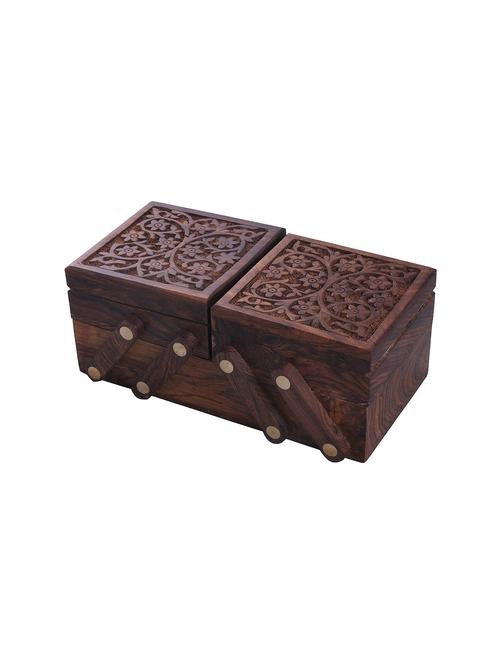 desi karigar brown sheesham wood carved sliding jewellery box - 15921402 - Standard Image - 1