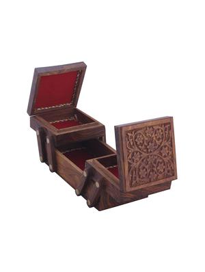desi karigar brown sheesham wood carved sliding jewellery box - 15921402 - Standard Image - 4