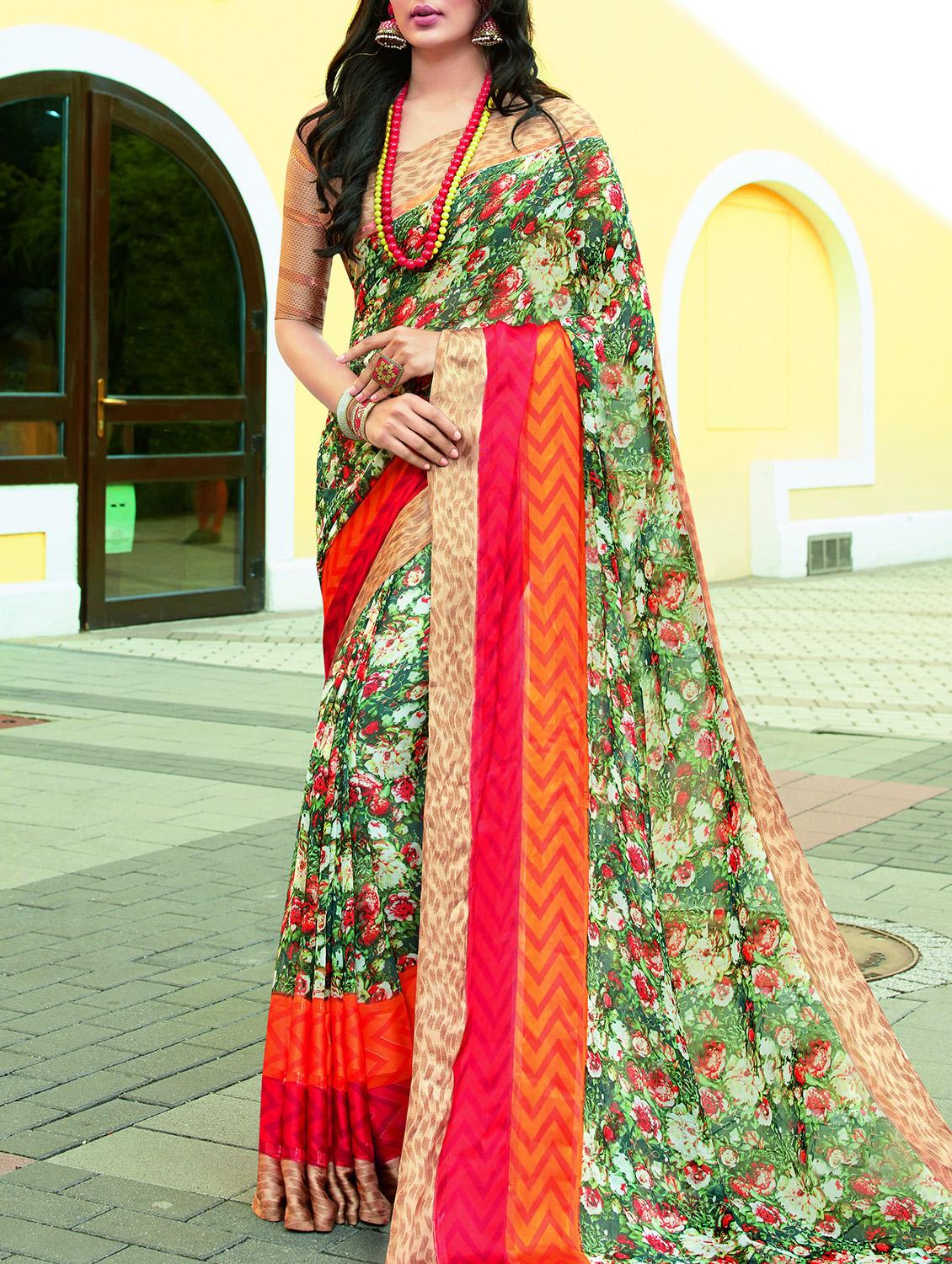 floral green printed saree with blouse - 15921521 - Zoom Image - 1