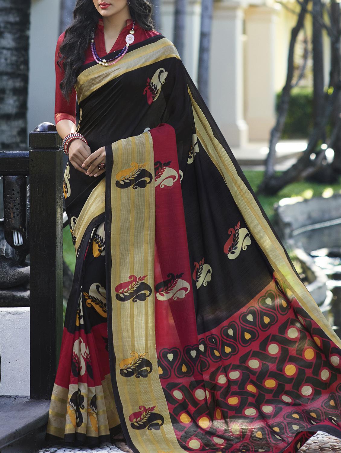 paisley printed black saree with blouse - 15921546 - Zoom Image - 1