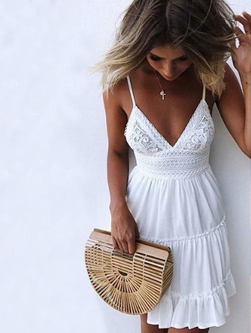 plunge neck laced tiered dress - 15922139 - Very Small Image - 1