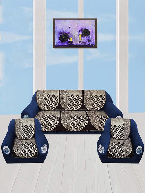 polyester fabric geometric design sofa covers set of 6 seater - black & beige - 15922519 - Standard Image - 1