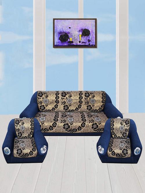 polyester fabric floral design sofa covers set of 6 seater - black & gold - 15922522 - Standard Image - 1