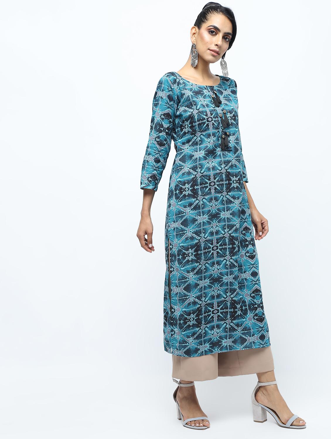 printed straight kurta with tassels - 15922553 - Zoom Image - 2