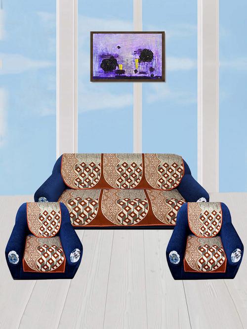 polyester fabric geometric design sofa covers set of 6 seater - black & beige - 15922557 - Standard Image - 1