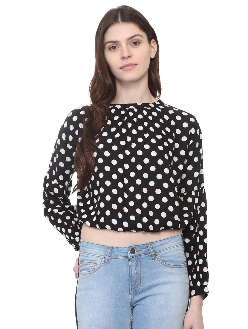 gathered neck polka dots blouson top - 15922983 - Zoom Image - 1