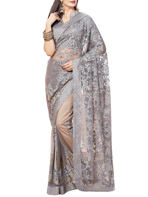 floral embroidered grey saree with blouse - 15923149 - Standard Image - 1