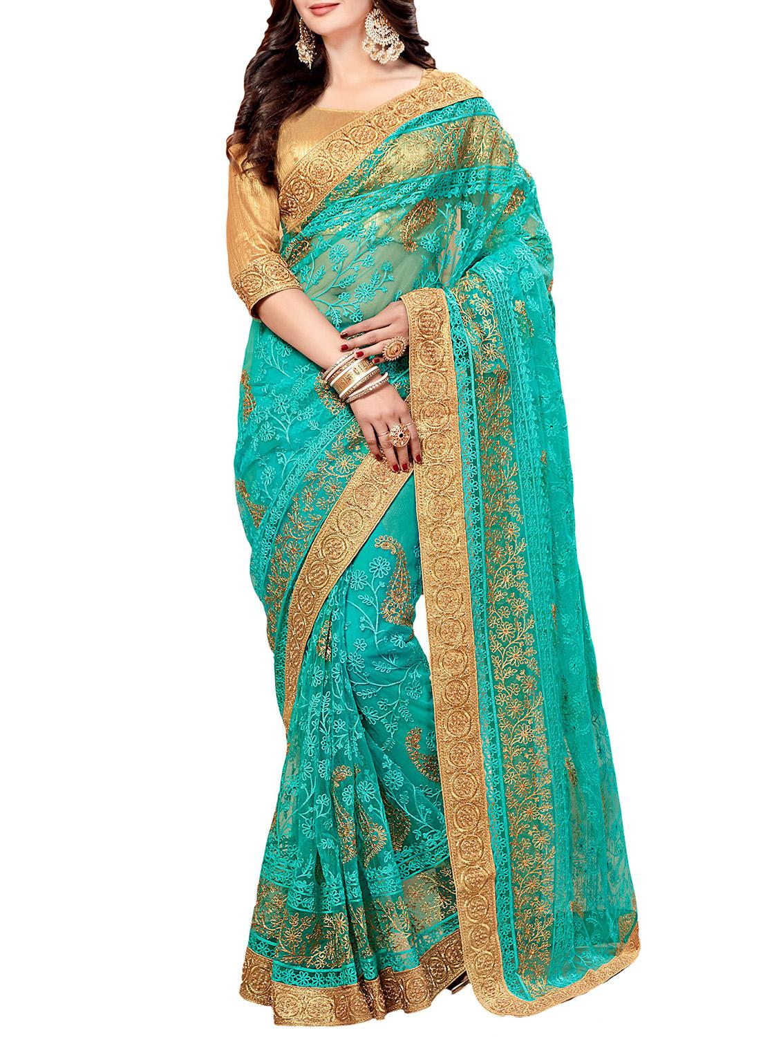 floral embroidered turquoise saree with blouse - 15923151 - Zoom Image - 1