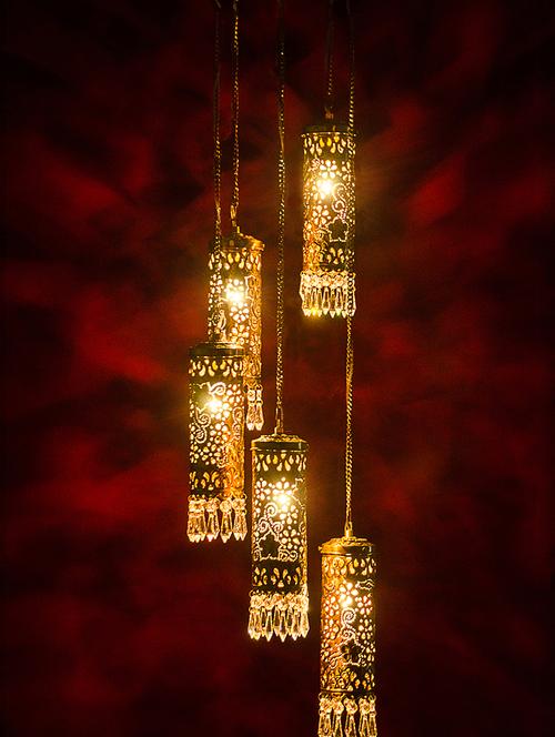 fos lighting hand carved brass & crystal mini cylinder set of 5 hanging light - 15923332 - Very Small Image - 1