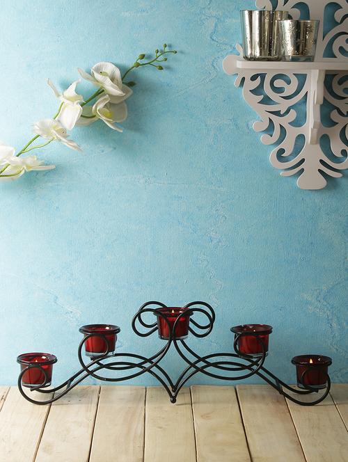 home sparkle five arm black iron candle tealight holder with glass cup stand centerpiece table décor - 15924172 - Standard Image - 1