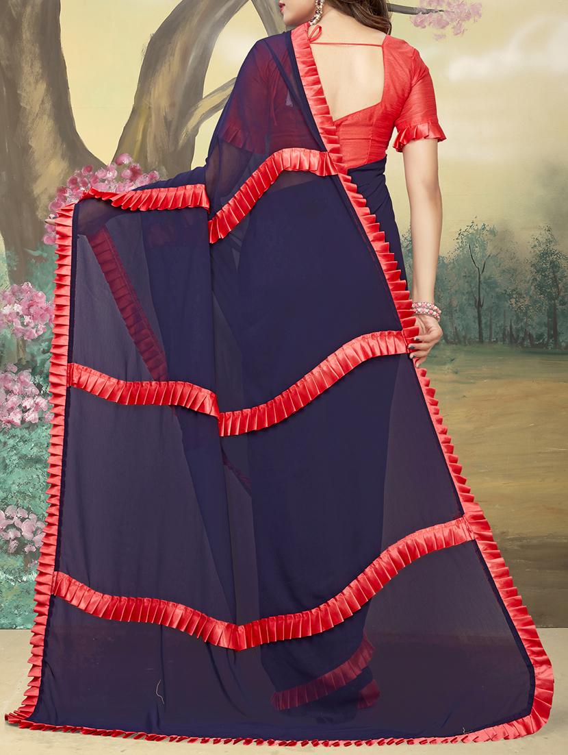 ruffle lace border navy blue saree with blouse - 15924371 - Zoom Image - 2