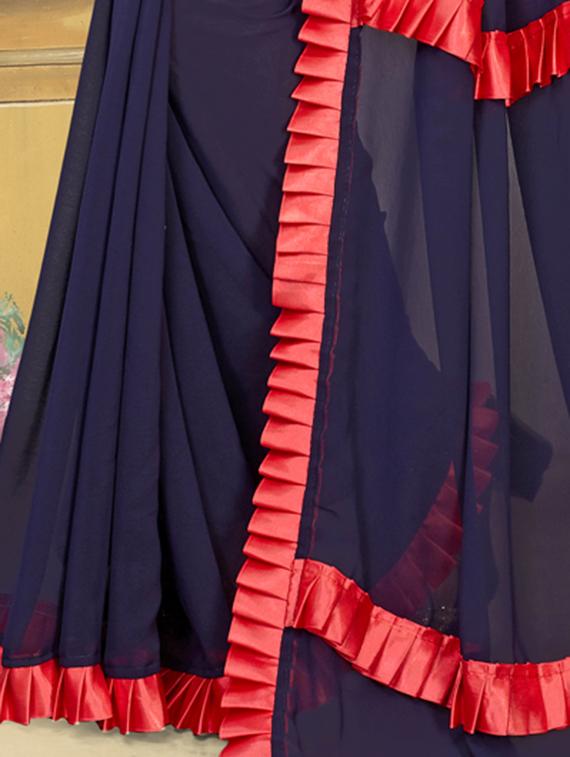 ruffle lace border navy blue saree with blouse - 15924371 - Zoom Image - 3