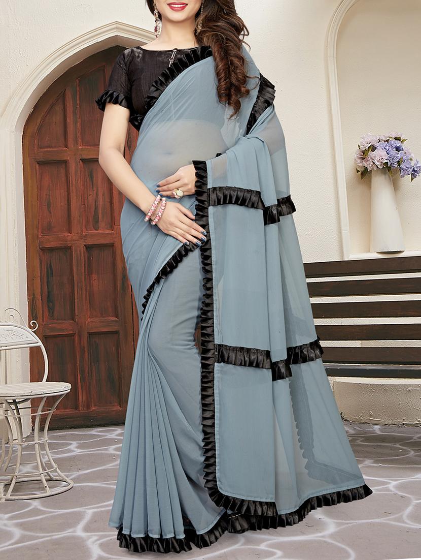 ruffle lace border grey saree with blouse - 15924373 - Zoom Image - 1