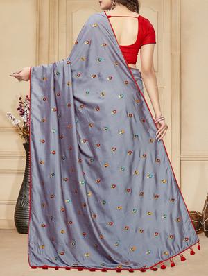 floral embroidered grey saree with blouse - 15924378 - Standard Image - 2