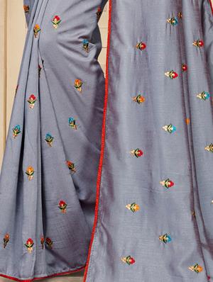 floral embroidered grey saree with blouse - 15924378 - Standard Image - 3