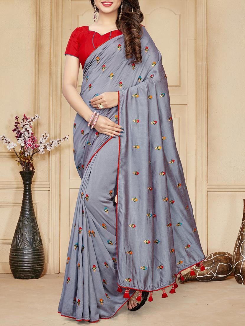 floral embroidered grey saree with blouse - 15924378 - Zoom Image - 1