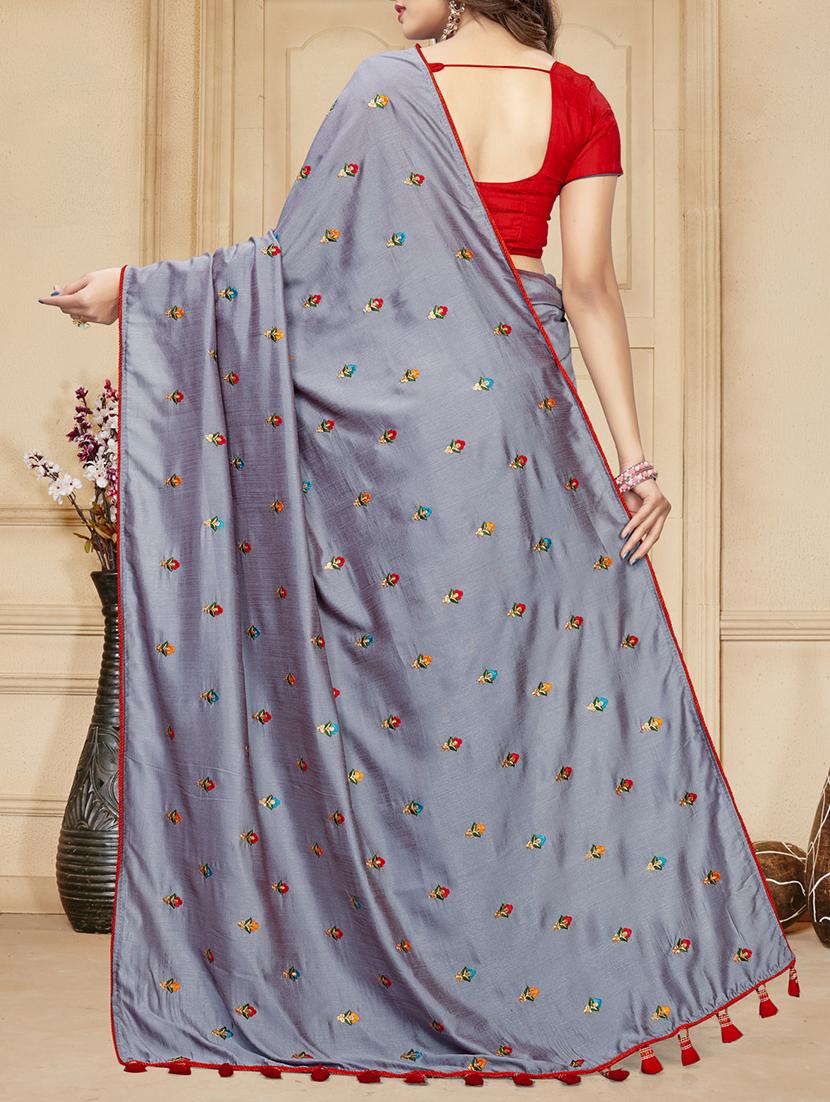 floral embroidered grey saree with blouse - 15924378 - Zoom Image - 2