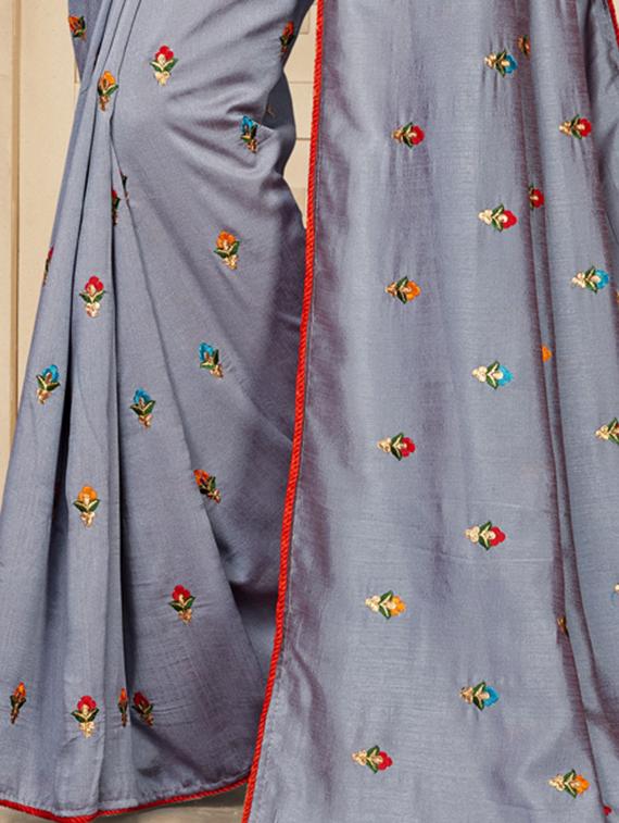 floral embroidered grey saree with blouse - 15924378 - Zoom Image - 3