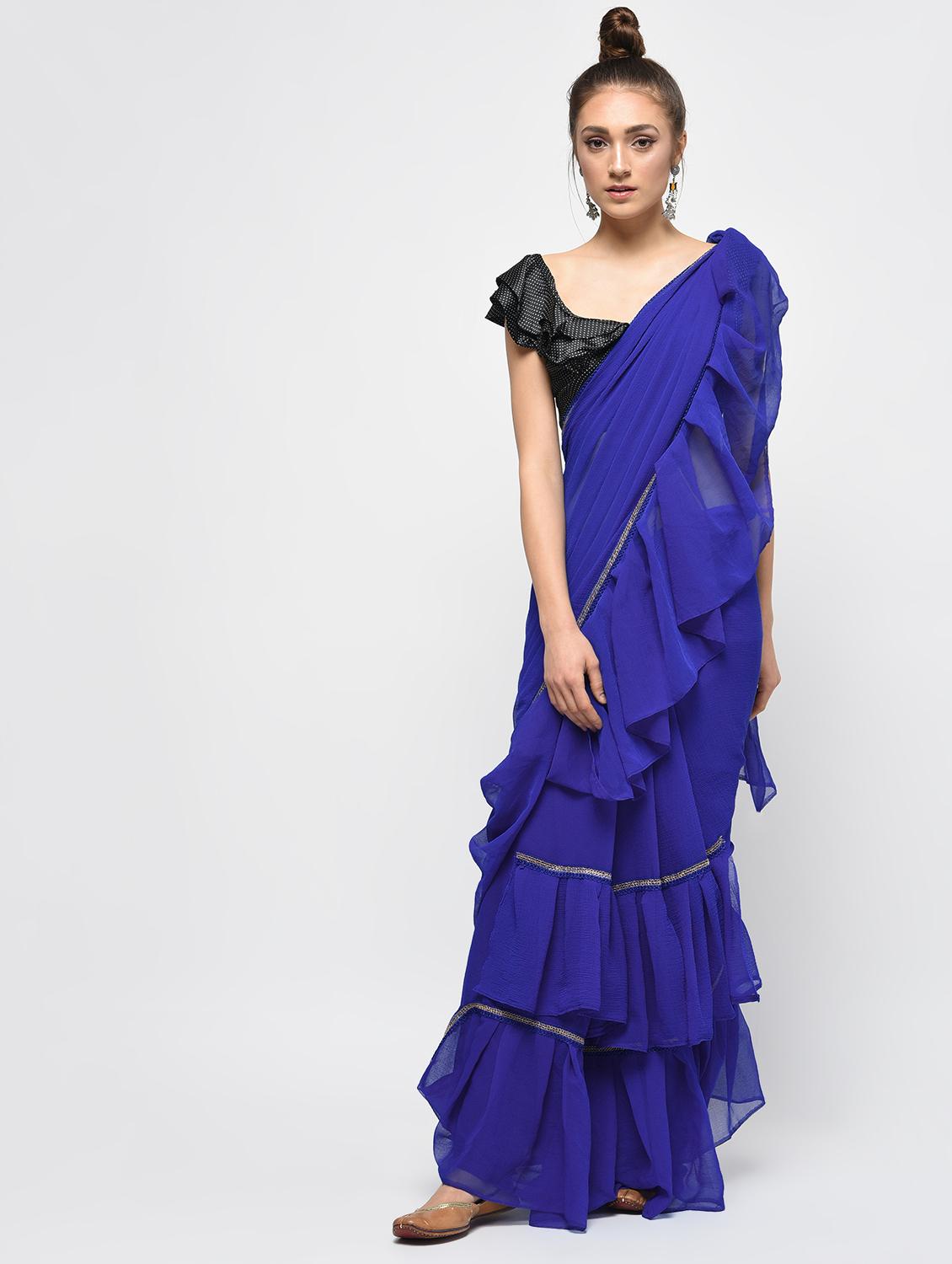 ruffle lace border blue saree with blouse - 15924767 - Zoom Image - 1
