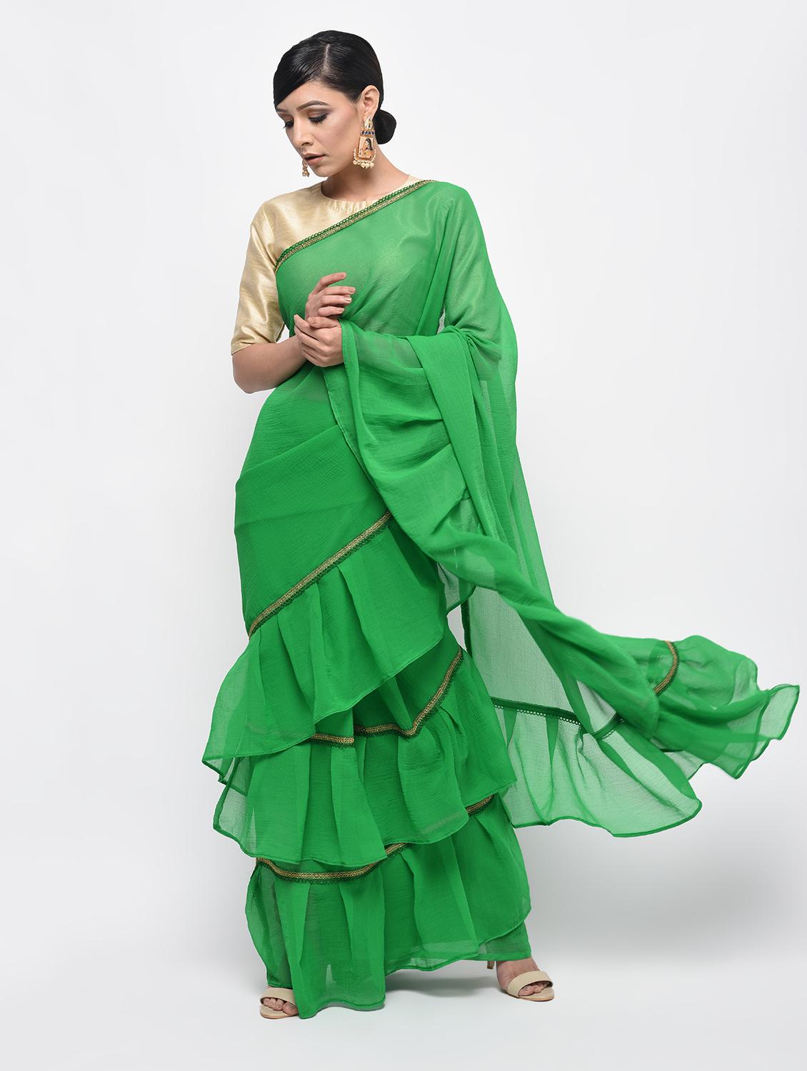 ruffle border green fusion saree with blouse - 15924769 - Zoom Image - 1