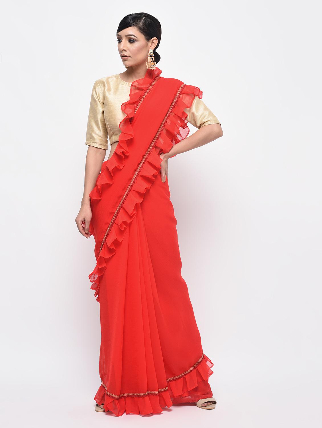 ruffle lace border red saree with blouse - 15924770 - Zoom Image - 1