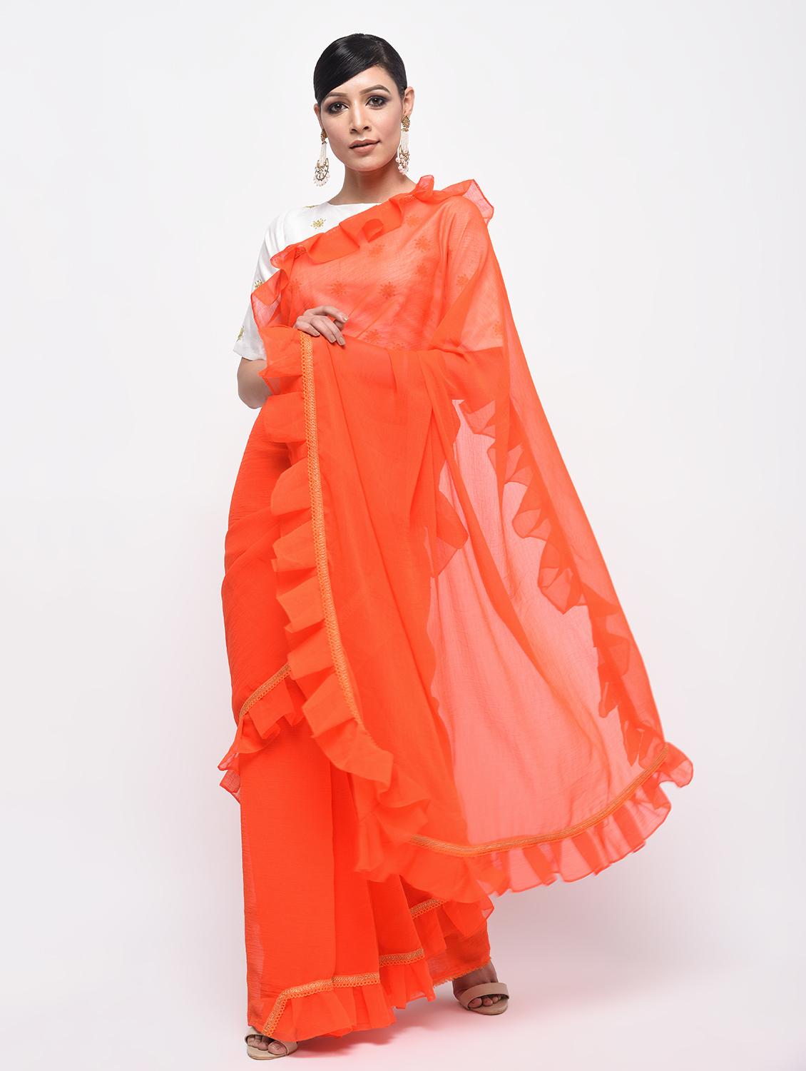 ruffle border orange fusion saree with blouse - 15924772 - Zoom Image - 1
