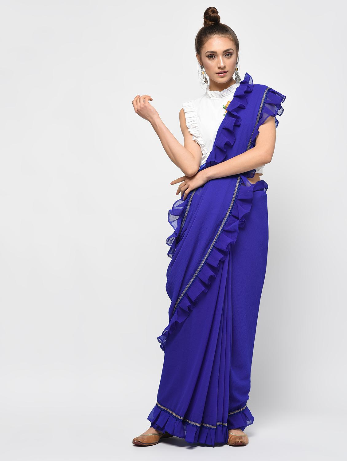 ruffle lace border blue saree with blouse - 15924773 - Zoom Image - 1
