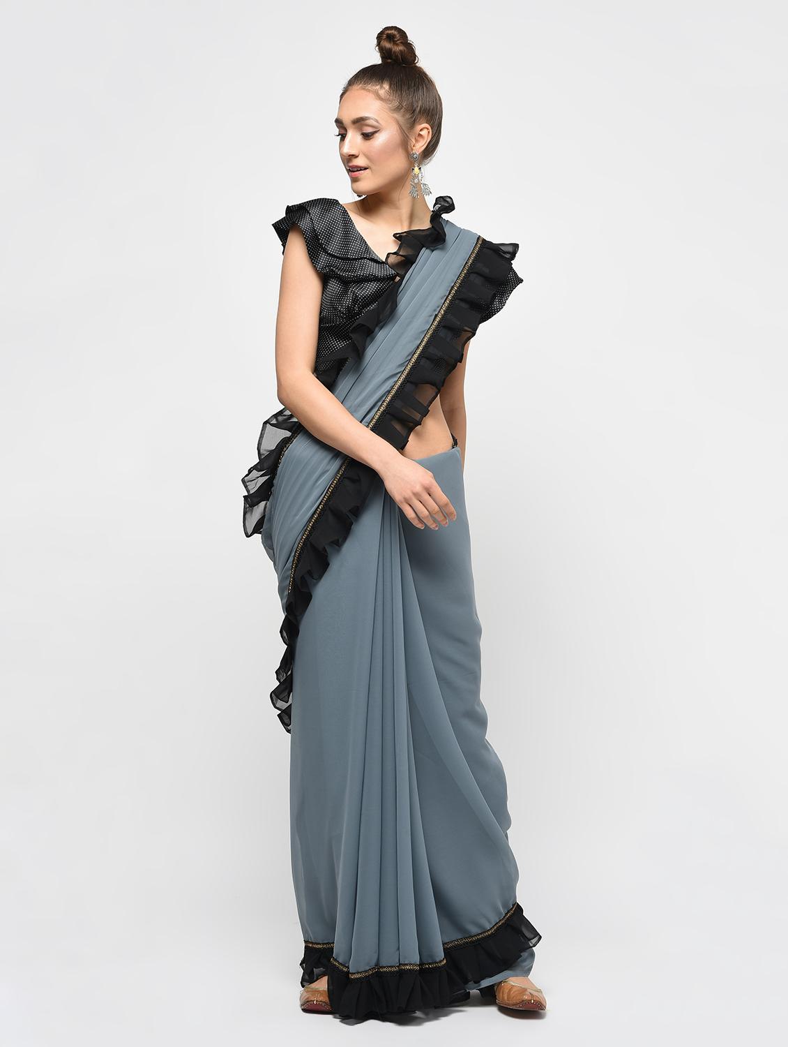 ruffle border grey saree with blouse - 15924778 - Zoom Image - 1