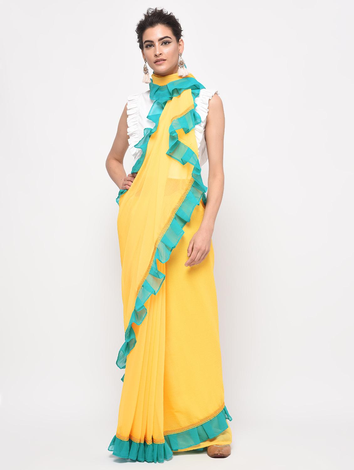 ruffle border yellow fusion saree with blouse - 15924781 - Zoom Image - 1