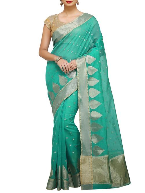 green chanderi saree with blouse - 15925866 - Very Small Image - 1