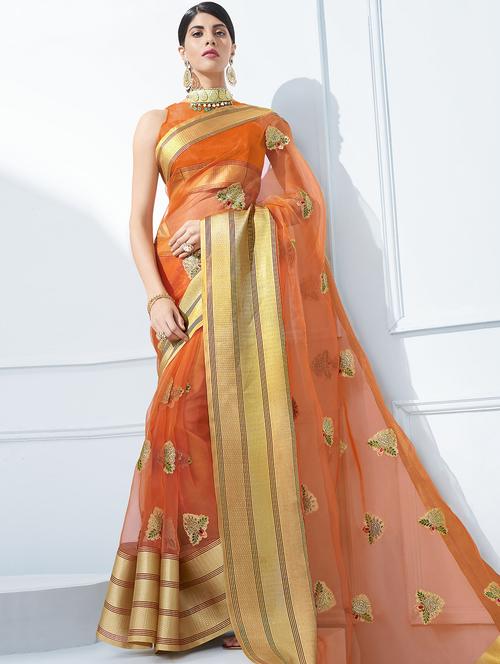 floral embroidered orange saree with blouse - 15926141 - Standard Image - 1