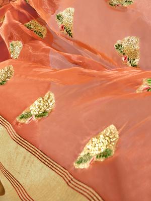 floral embroidered orange saree with blouse - 15926141 - Standard Image - 2