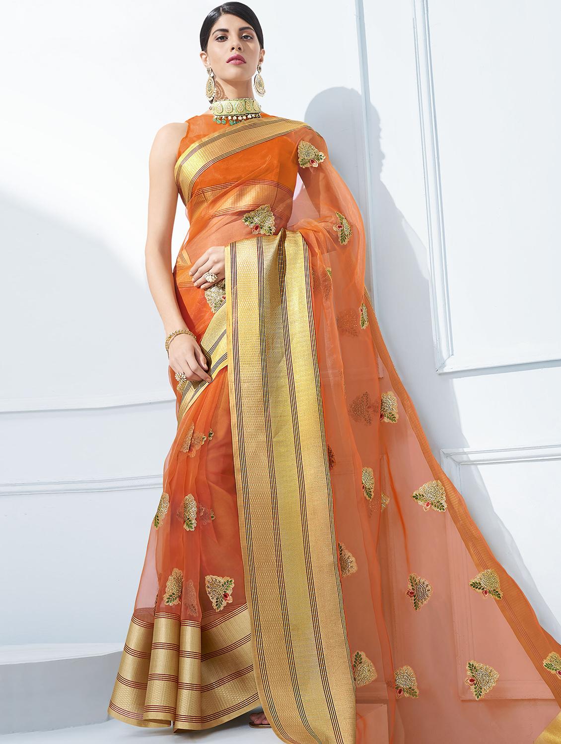 floral embroidered orange saree with blouse - 15926141 - Zoom Image - 1