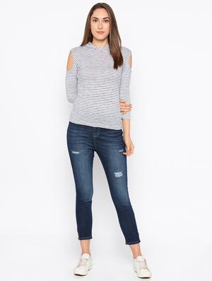 cold shoulder hooded neck striped top - 15926244 - Standard Image - 4