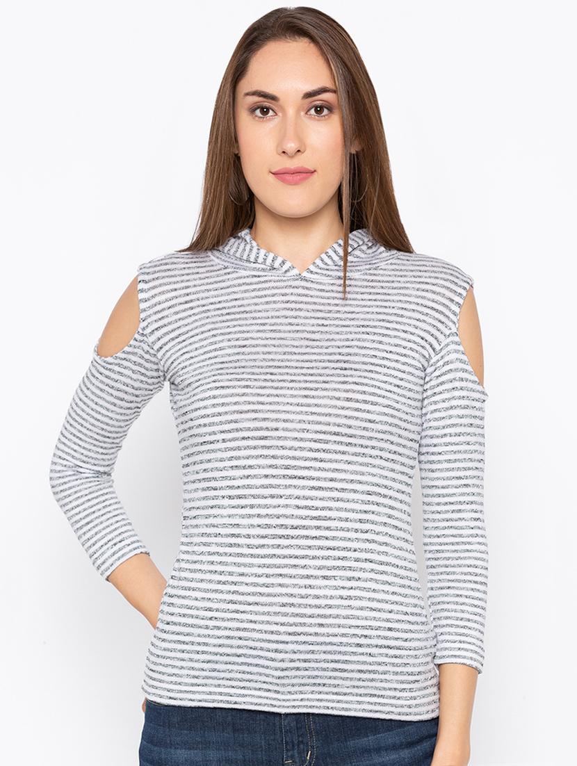 cold shoulder hooded neck striped top - 15926244 - Zoom Image - 1