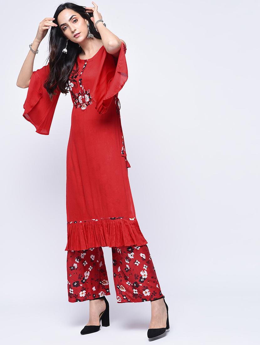 embroidered flare sleeved kurta with palazzo set - 15926918 - Zoom Image - 1