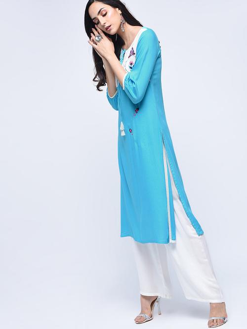 embroidered kurta with palazzo set - 15926925 - Standard Image - 1