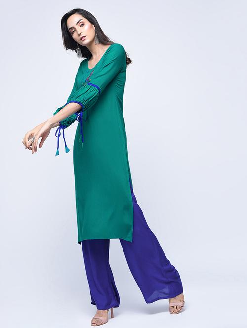 embroidered drawstring sleeve kurta with palazzo set - 15926927 - Standard Image - 1