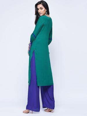 embroidered drawstring sleeve kurta with palazzo set - 15926927 - Standard Image - 2