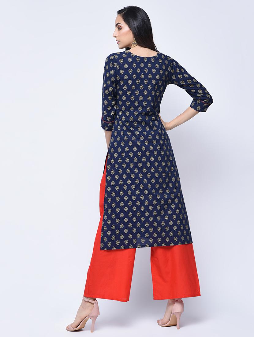 printed front slit kurta with palazzo set - 15926940 - Zoom Image - 2