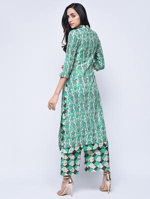 printed buttoned kurta with palazzo set - 15926958 - Standard Image - 2