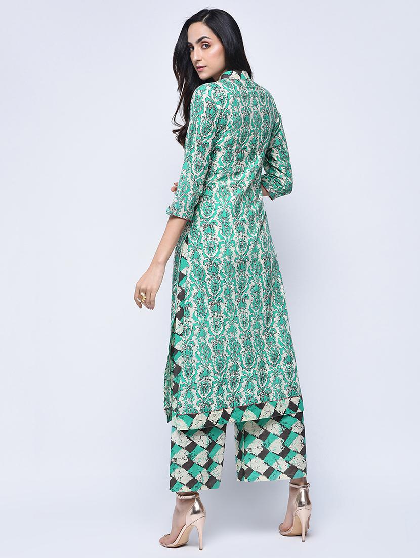printed buttoned kurta with palazzo set - 15926958 - Zoom Image - 2