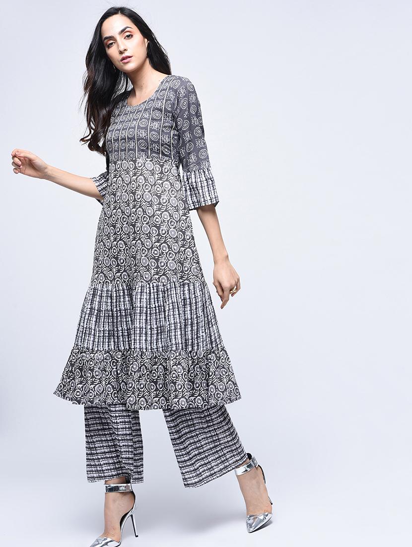 printed tiered kurta with palazzo set - 15926973 - Zoom Image - 1