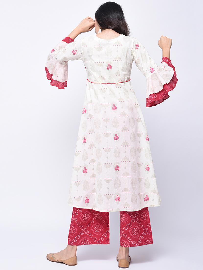 bell sleeved block printed kurta with palazzo set - 15926975 - Zoom Image - 2