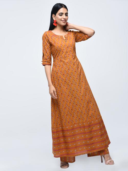 rust printed a-line kurta with palazzo set - 15927013 - Very Small Image - 1