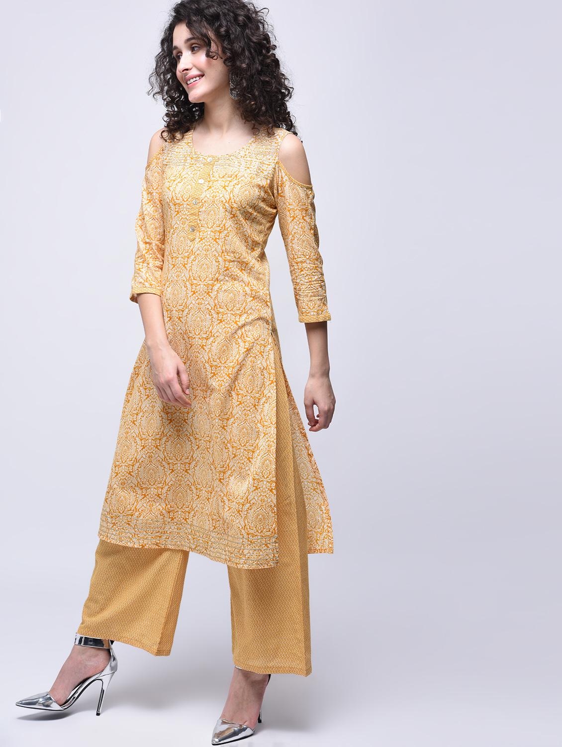 printed cold shoulder kurta palazzo set - 15927035 - Zoom Image - 1
